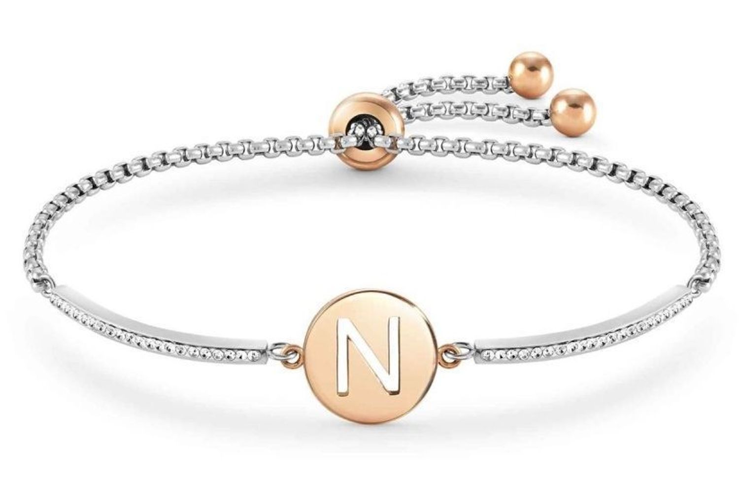 Bransoletka Nomination Italy z kolekcji Milleluci Letters. Wykonana ze stali szlachetnej, zdobiona mieniącymi się, błyszczącymi cyrkoniami pave oraz zawieszką z literą N w kolorze różowego złota..jpg